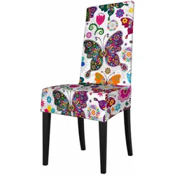 Colorful Butterflies and Flowers Dining Room Chair Covers Motley Mandala Design Polyester Washable for Home Restaurant Banquet