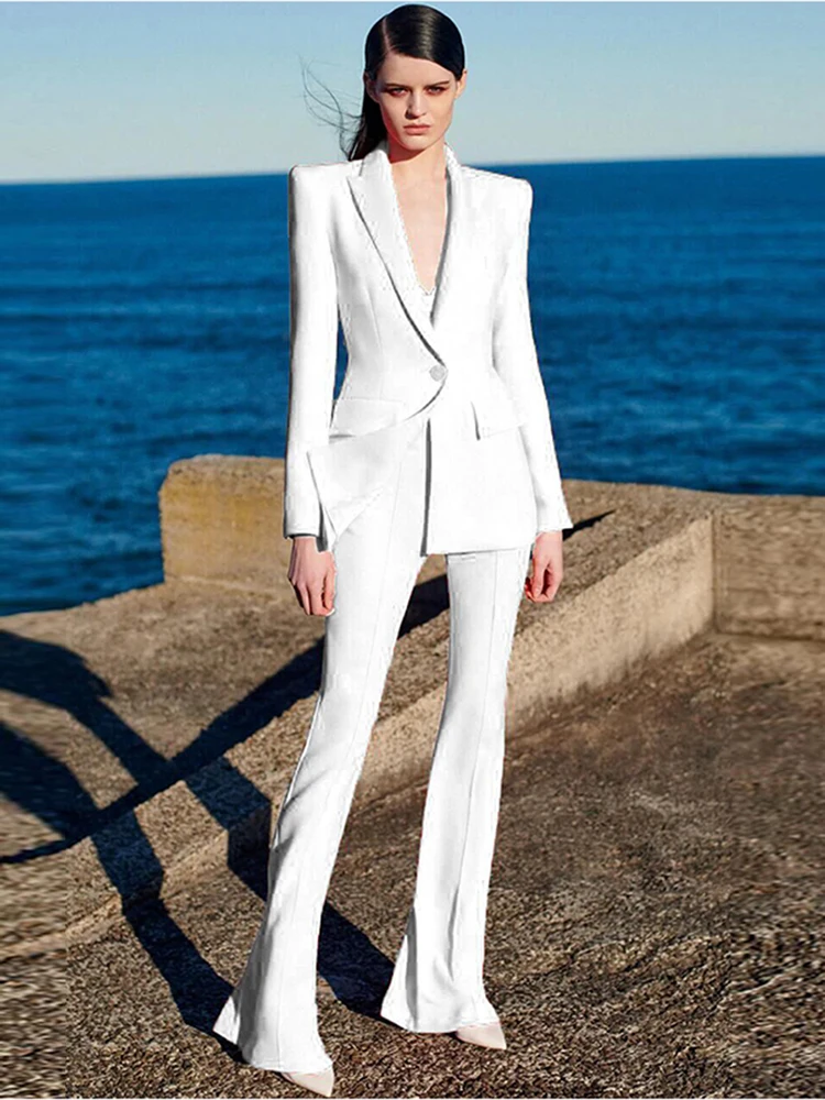 HIGH QUALITY Newest 2024 Runway Designer Suit Set Women's Career Fashion Single Button Blazer Flare Pants Suit