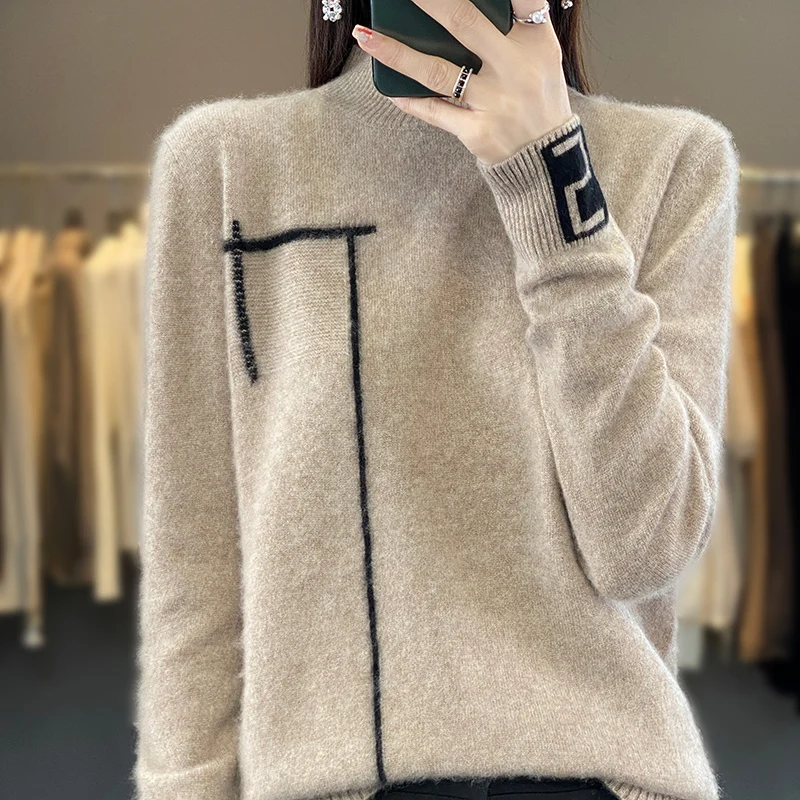 2023 Autumn/Winter New Women's Half High Collar Pullover 100% Merino Wool Sweater Knitted Pullover Color Matching