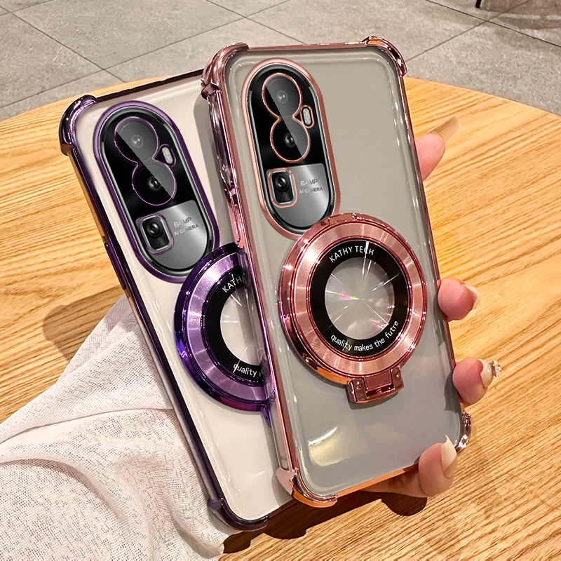 Clear Shockproof Transparent Plating Magsafe Magnetic Stand Holder Case For OPPO Reno 10 11 12 Pro Cover