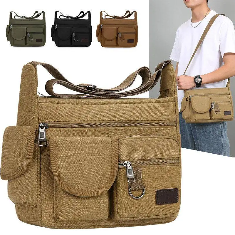 Men's Casual Canvas Bag Large Capacity Multi-layer Tool Bag Crossbody Worksite Bag Korean Style Single Shoulder Bag