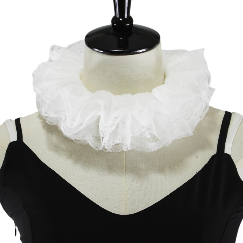 652F Women Retro Layered Ruffled Lace Fake Collar Renaissance Neck Ruff Tulle Choker