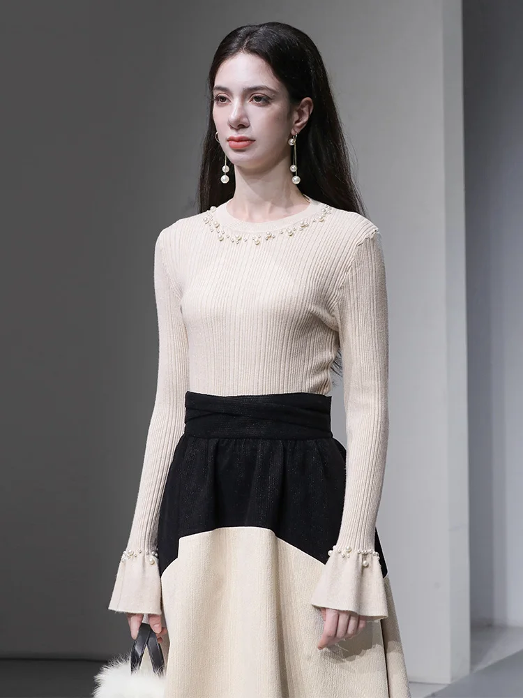 

2025 Winter Commute Sle Pearl Decorated Bell Sve Waist Cinched Sweater Faionable Ladies Knitted Top Long Sve Slim Fit