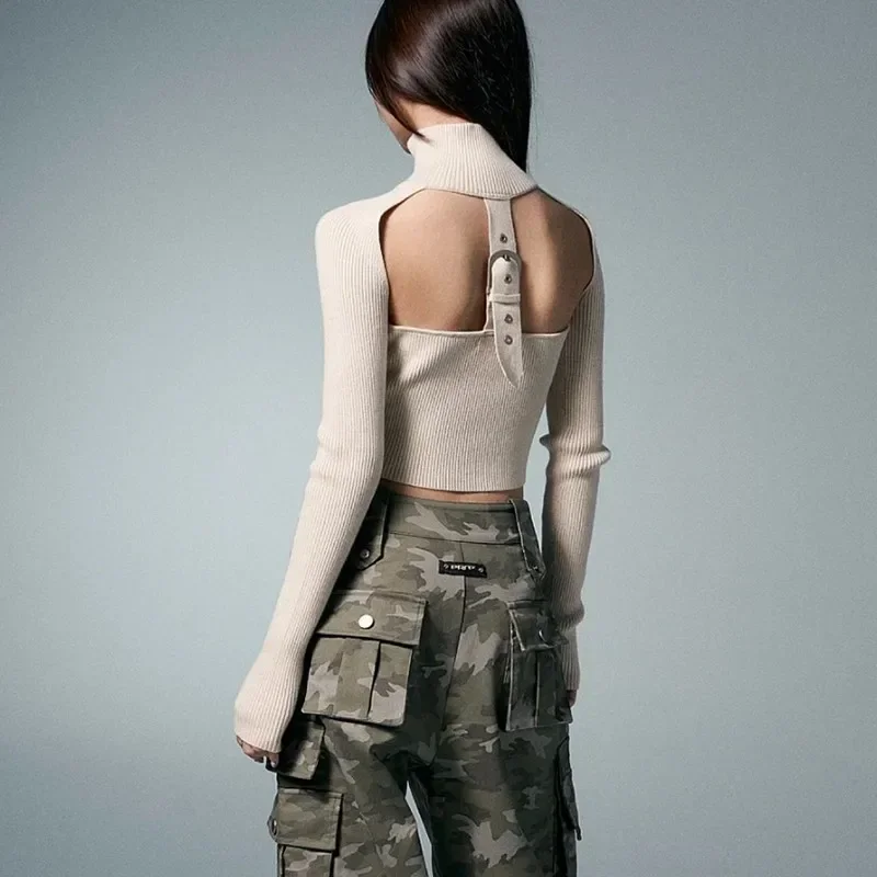 Cárdigans irregulares de estética Grunge, jerséis acanalados con espalda descubierta Vintage, prendas de punto de cuello alto Punk, moda coreana