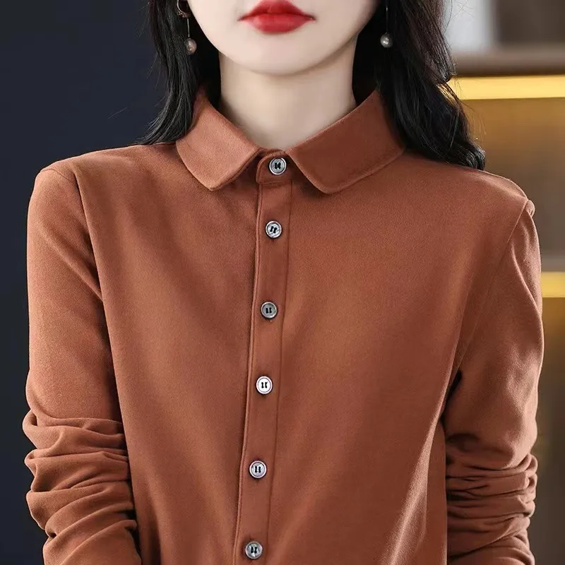 

Thiened Double-sided Velvet Women's irt Cardigan Base Layer Korean Sle Commute Wind Long Sve Polyester Fiber