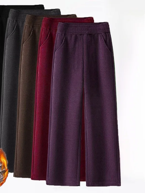 High Waist Thickened Corduroy Pants Women's Autumn Winter New Style Fleece Lined Wide Leg Pants Slimming Effect Warmth