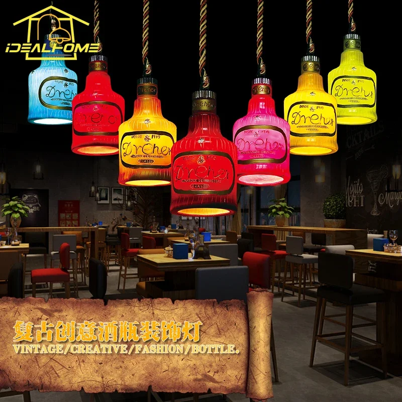 Atmosphere Vintage Wine Bottle Pendant Lights Macaroon Colorful Glass Hanging Lamp Art Decor Home Restaurant Kitchen Island Loft