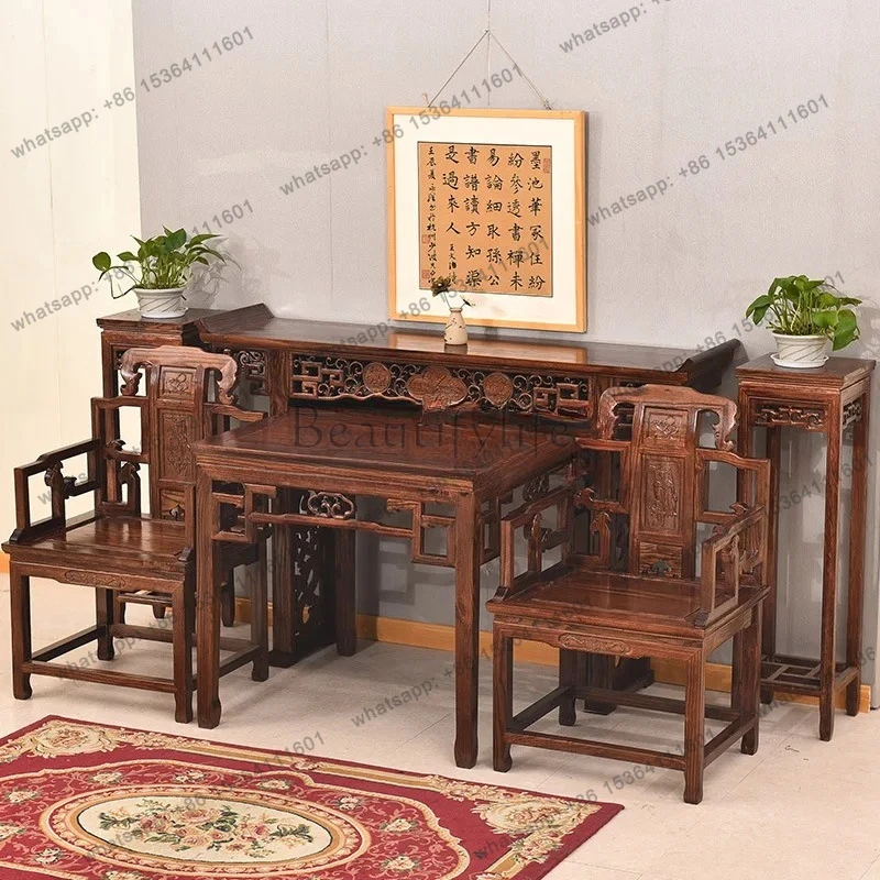 Living Room Altar Table Carved Case Table Antique Style Home Altar Six-Piece Set Chinese Elm Wood Hall House God Altar