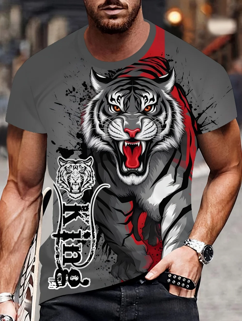 Vintage Men's 3D Fierce Tiger Graphic Tee Printed Short Sleeve Casual T-Shirt Summer Trendy Street Style Summer Mens Clothing