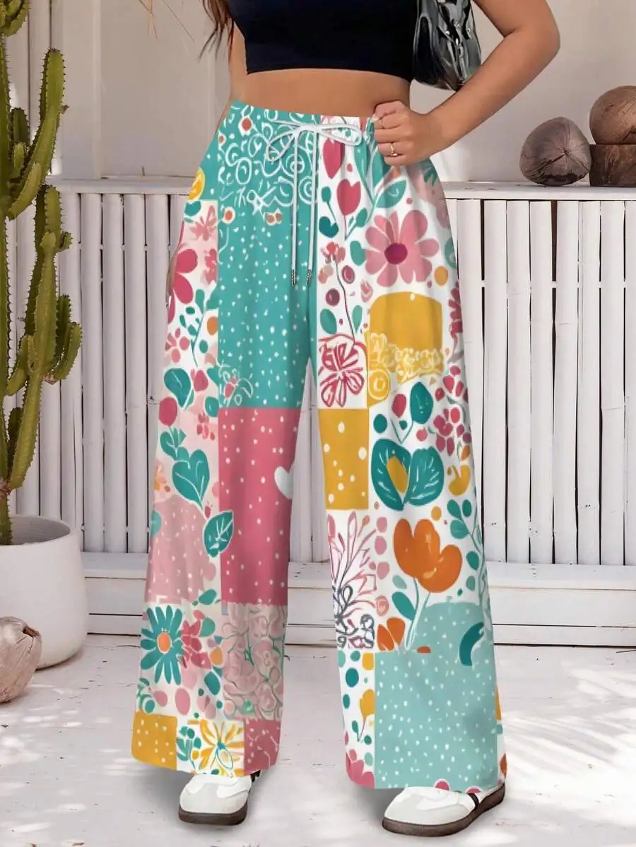 

Women Summer Wide Leg Pants Floral Patchwork Print Yoga Pants Casual Trousers For Women Cute Fashion Summer Top Pastel Colors