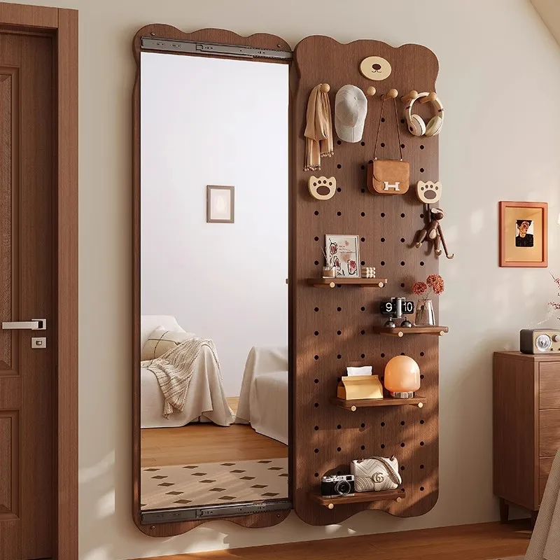 Solid wood hole board full-length mirror integrated door rear shelf household modeling wall full-length mirror entrance entrance
