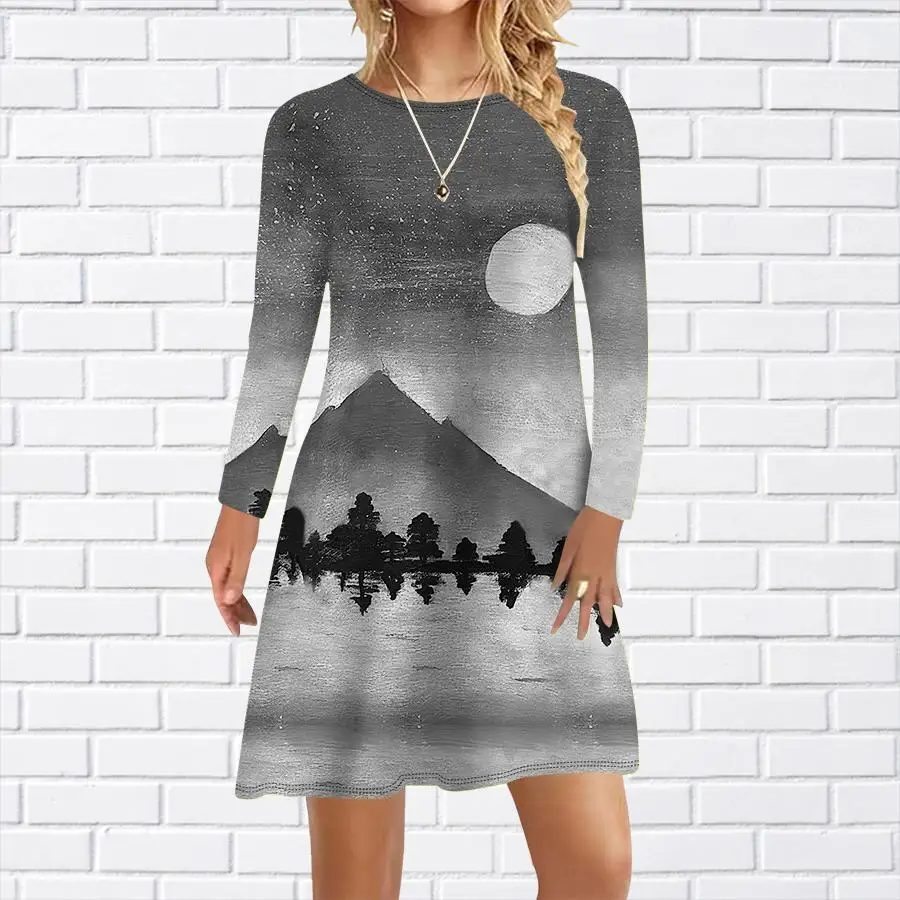 2023 Nieuwe Herfst Damesjurken Bloemenprint Losse Casual Jurken Vrouwelijke Lange Mouw O-hals Elegante Jurk Mode Streetwear