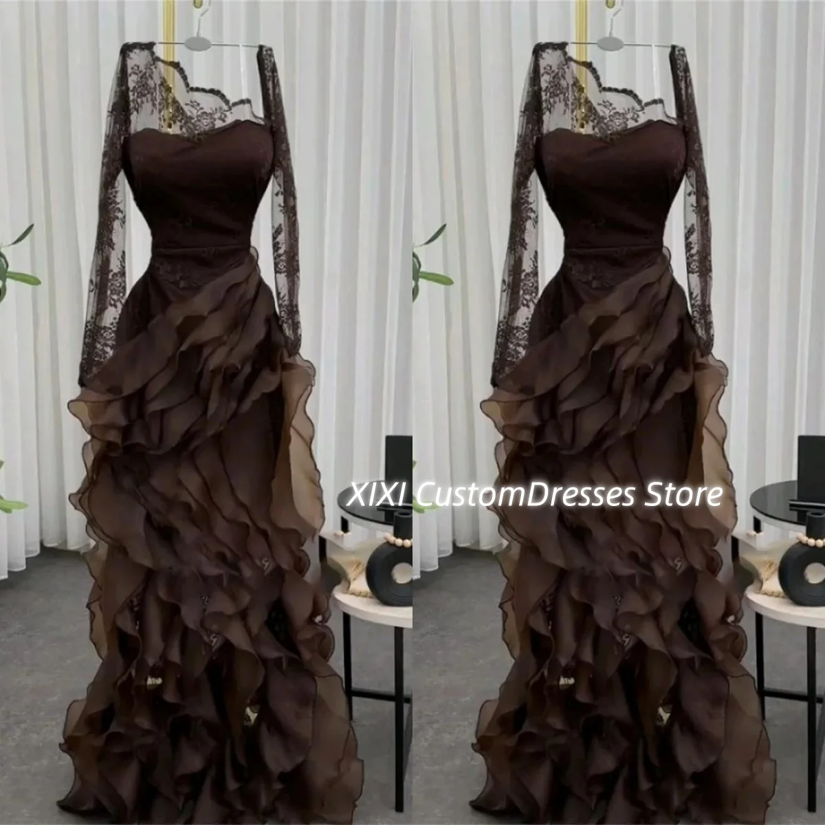 

Кружевные платья для выпускного вечера Индивидуальные трапециевидные платья с квадратным вырезом Элегантные платья для женщин длиной до пола, платья с длинными рукавами для особых случаев