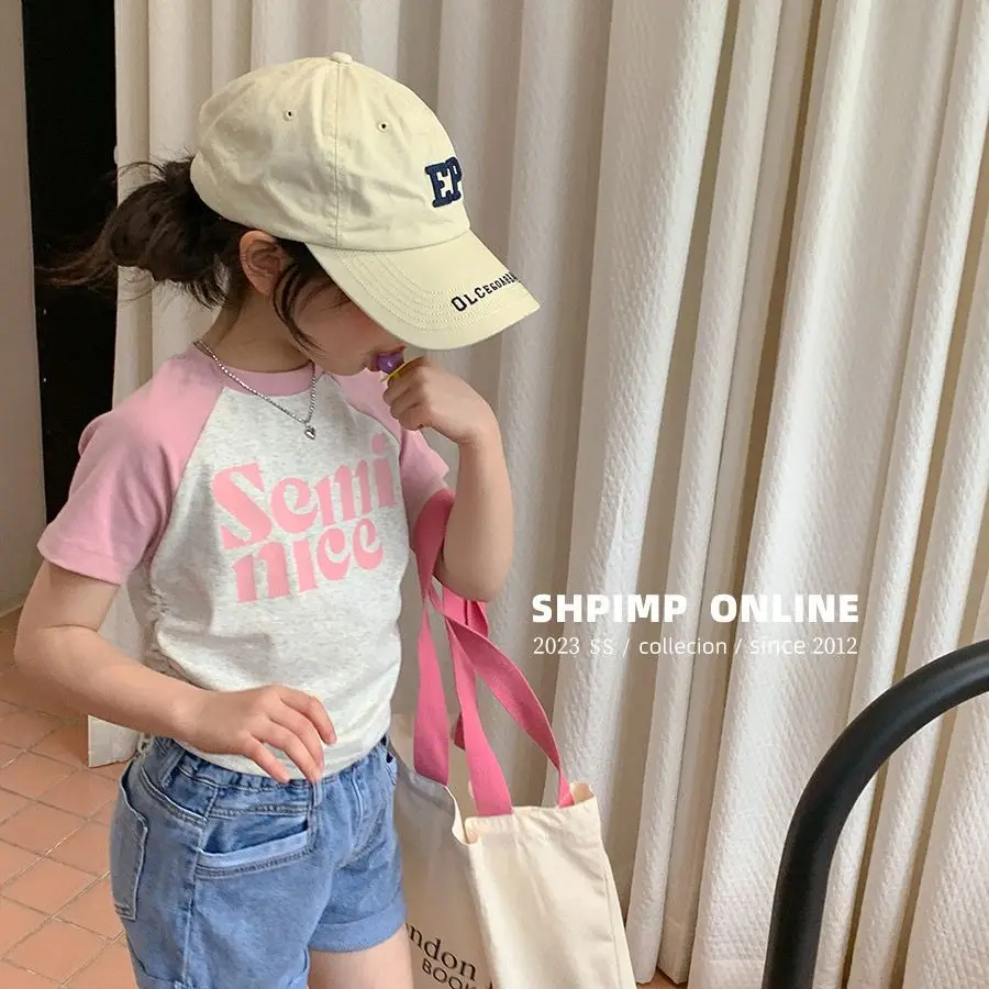 Girls Casual Short Length Print T-shirts Casual Cotton Tee Three Colors 2-8 Years