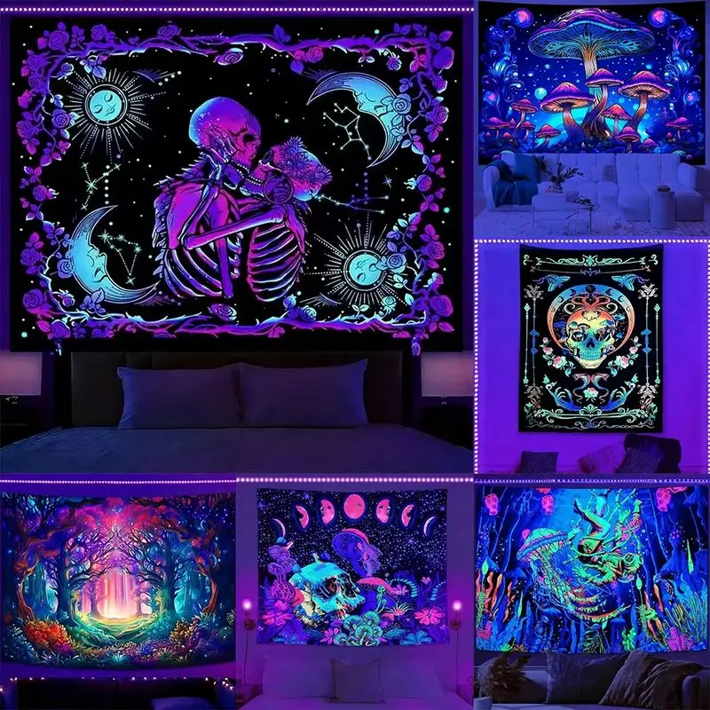 VIKAMA UV Reactive Skull Tapestry Trippy Dark Fantasy Mushroom Wall Hanging Psychedelic Gothic Bedroom Dorm Wall Decor
