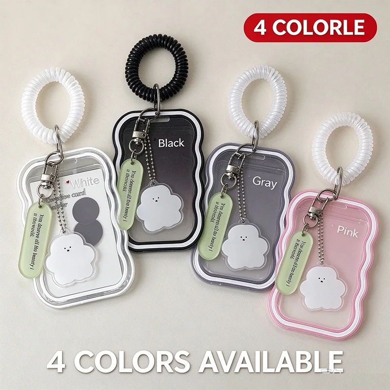 Wavy Edge Photocard Holder Transparent 3 Inch Card Case Spring Cord Keychain for Student Bus Meal Card KPBQSN01