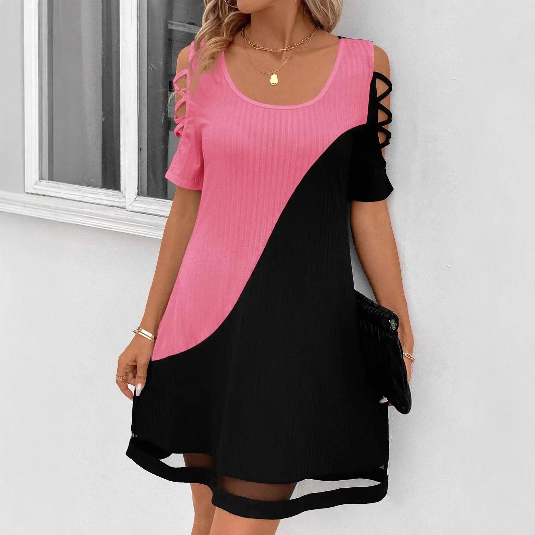 Fashion Mini Dress Summer New Item 2025 Round Neck Color Blocked Hollow Mesh Contrasting Splicing Short Sleeved Dress For Women