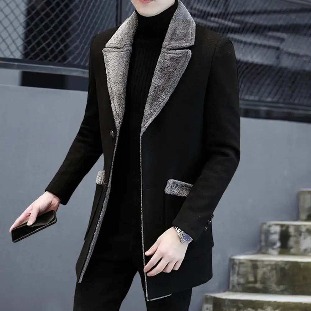 Men Business Jacket Medium Length Single-breasted Solid Color Plush Collar Autumn Winter Woolen Coat Windbreaker Streetwear