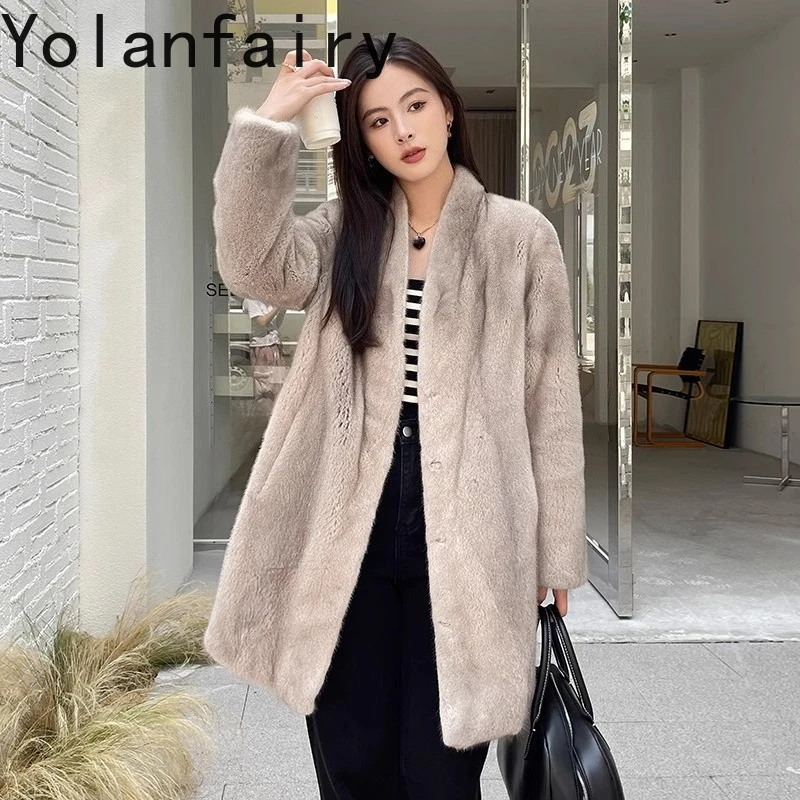 YOLANFAIRY ماركة كاملة سترات من فرو المنك للنساء الخريف الشتاء الفاخرة 2025 معطف الفرو الطبيعي امرأة منتصف طول معاطف الفرو Casaco