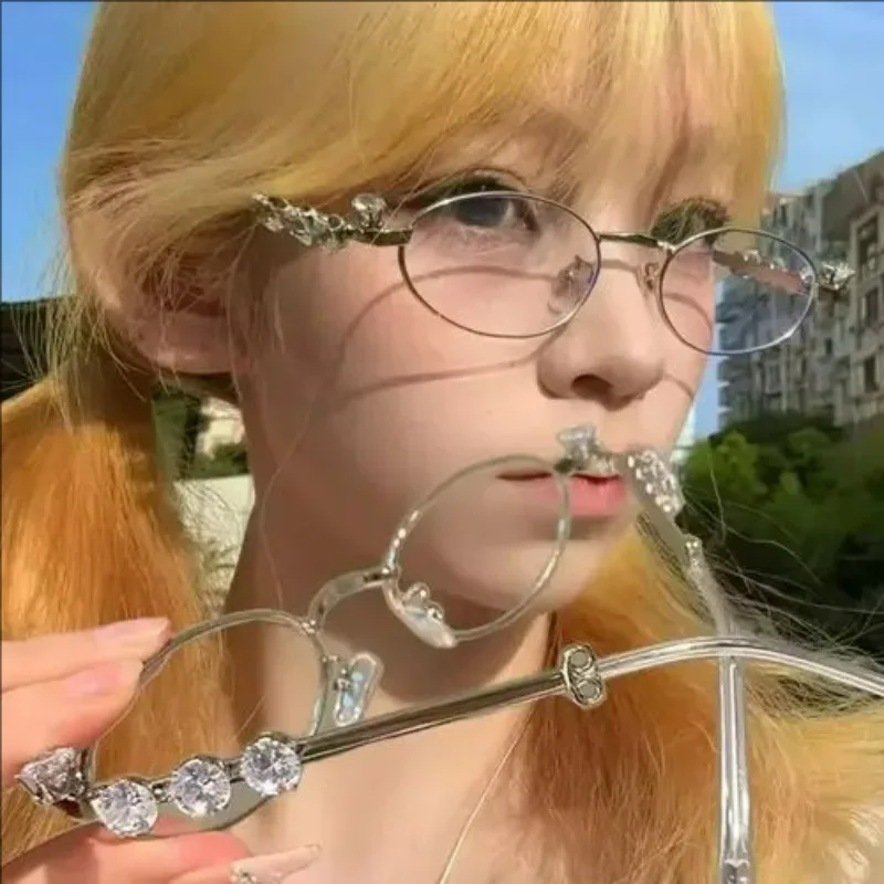 Fashion Crystal Oval Glasses Frame for Women Metal Blue Light Blocking Glasses Japanese Men Retro Trendy Reading Y2K Eyeglasses
