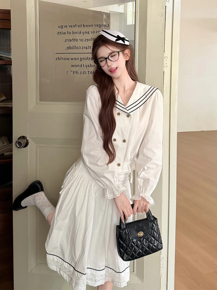 ReddaChic Cute Sailor Collar Top Skirt Women Matching Set Preppy Puff Long Sleeve Crop Shirt Midi Long Skirt Causal Fall Clothes