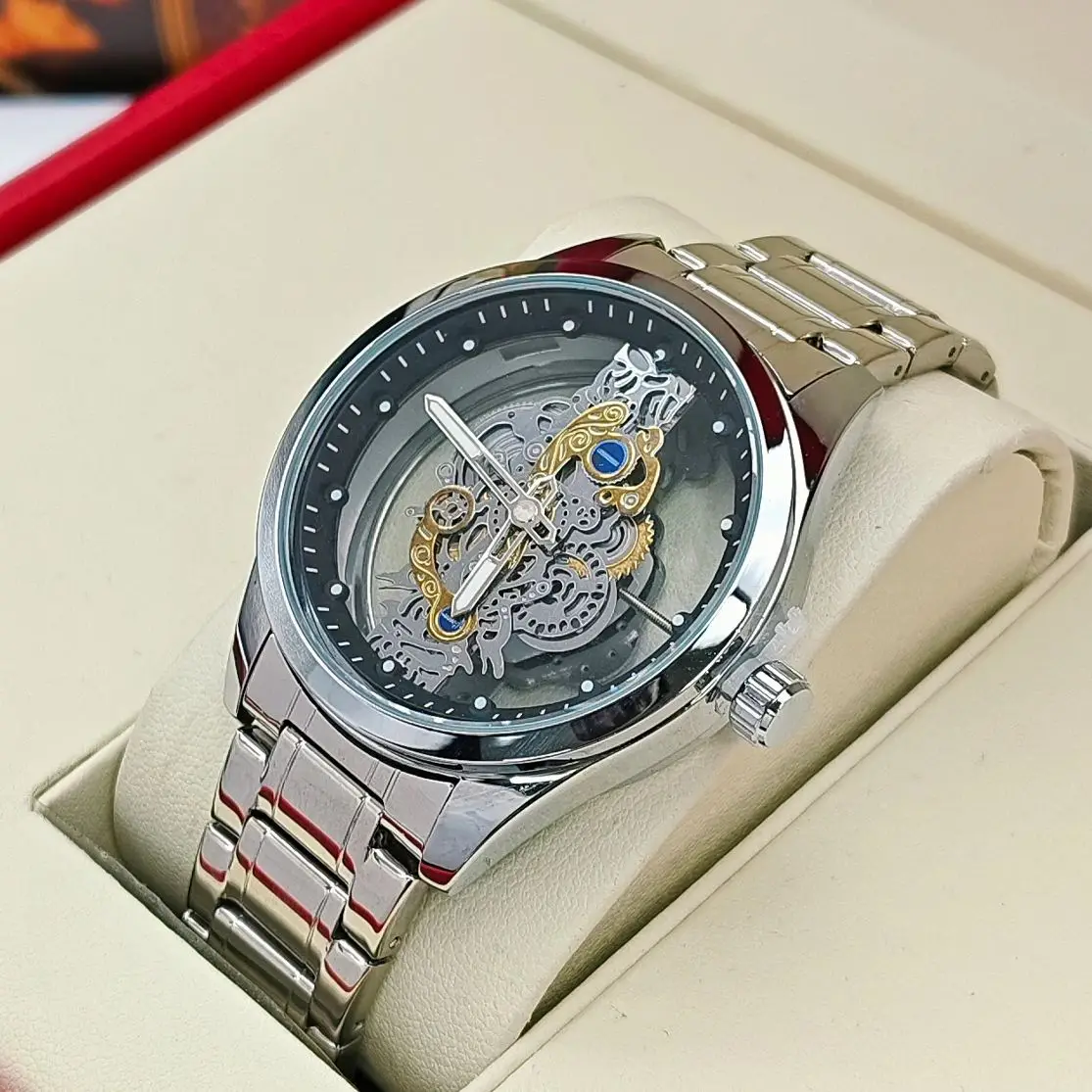 ساعة رجالية أوتوماتيكية فاخرة للأعمال من الطبقة العلوية، قرص دائري، تصميم هيكل عظمي على الوجهين، حزام من الفولاذ المقاوم للصدأ، كاجوال أنيق وبسيط ومضيء للرجال