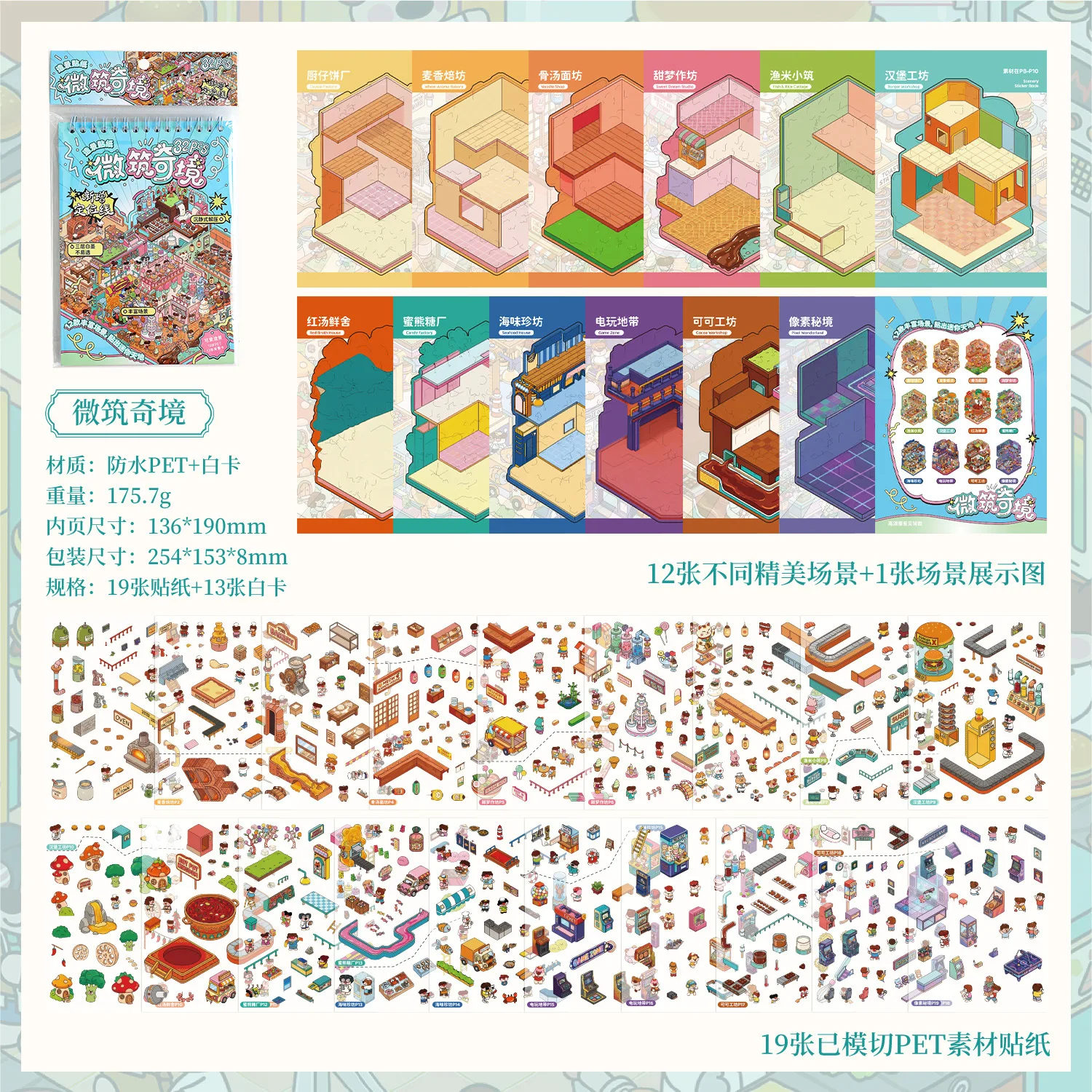 32 stuks meeslepende mini-stedelijke PET-stickers, Micro Building Wonderland-serie, schattige diorama-scènesheets voor de decoratie van een junk journal.