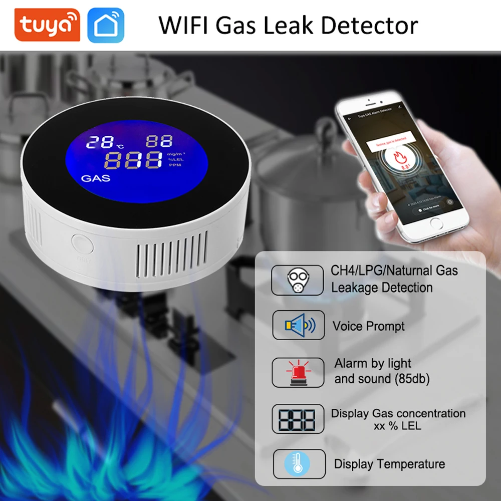 Tuya Wifi Combustible Gas Leak Detector Alarm LPG Natural Gas Leakage Alarmer Sensor Home Security LCD Display Smart Life App