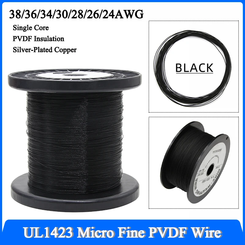 5~500M Black UL1423 Micro Fine PTFE Wire 38/36/34/30/28/26/24AWG High Temperature Silver Plated Copper Single Core Cable