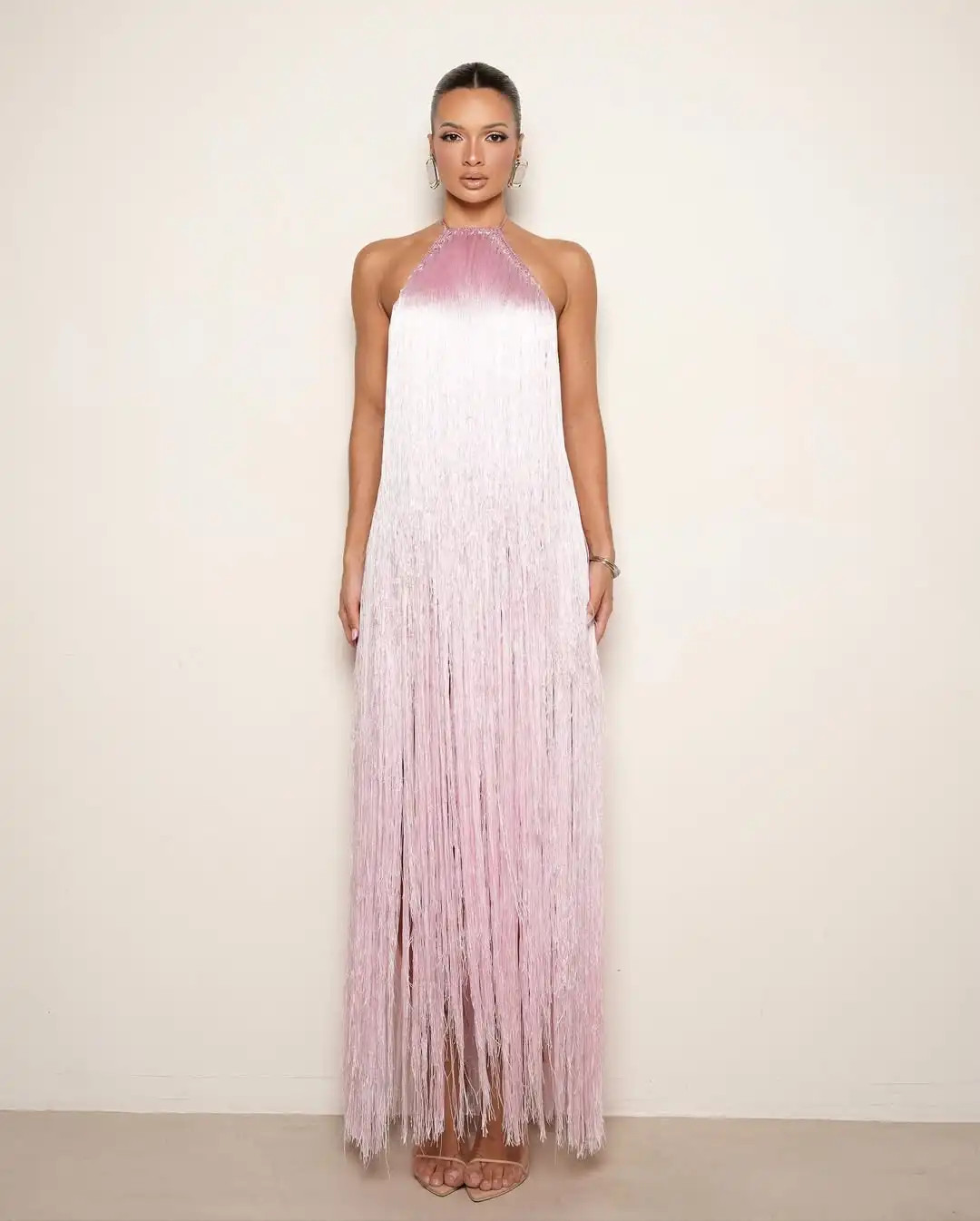 

New Design Sexy Full Tassels Backless Halter Unique Charming Fashion A Line Simple Evening Prom Formal Party Dress