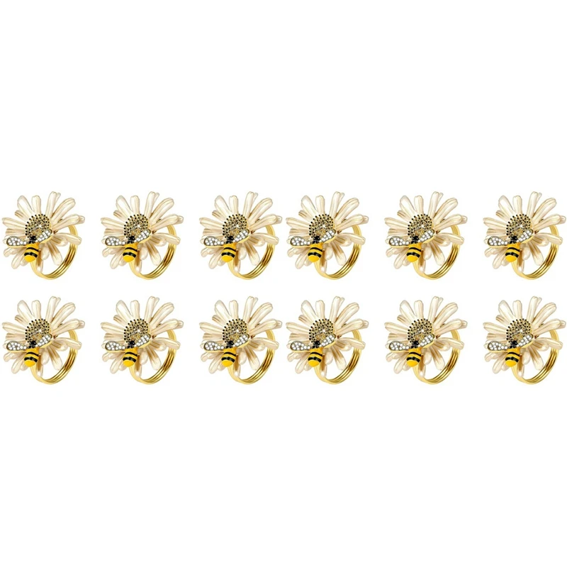 Flash Trend 2025Set Of 12 Daisy Sunflower Napkin Rings, Gold Bee Napkin Ring Holders For Formal Or Casual Dinning Table Decor