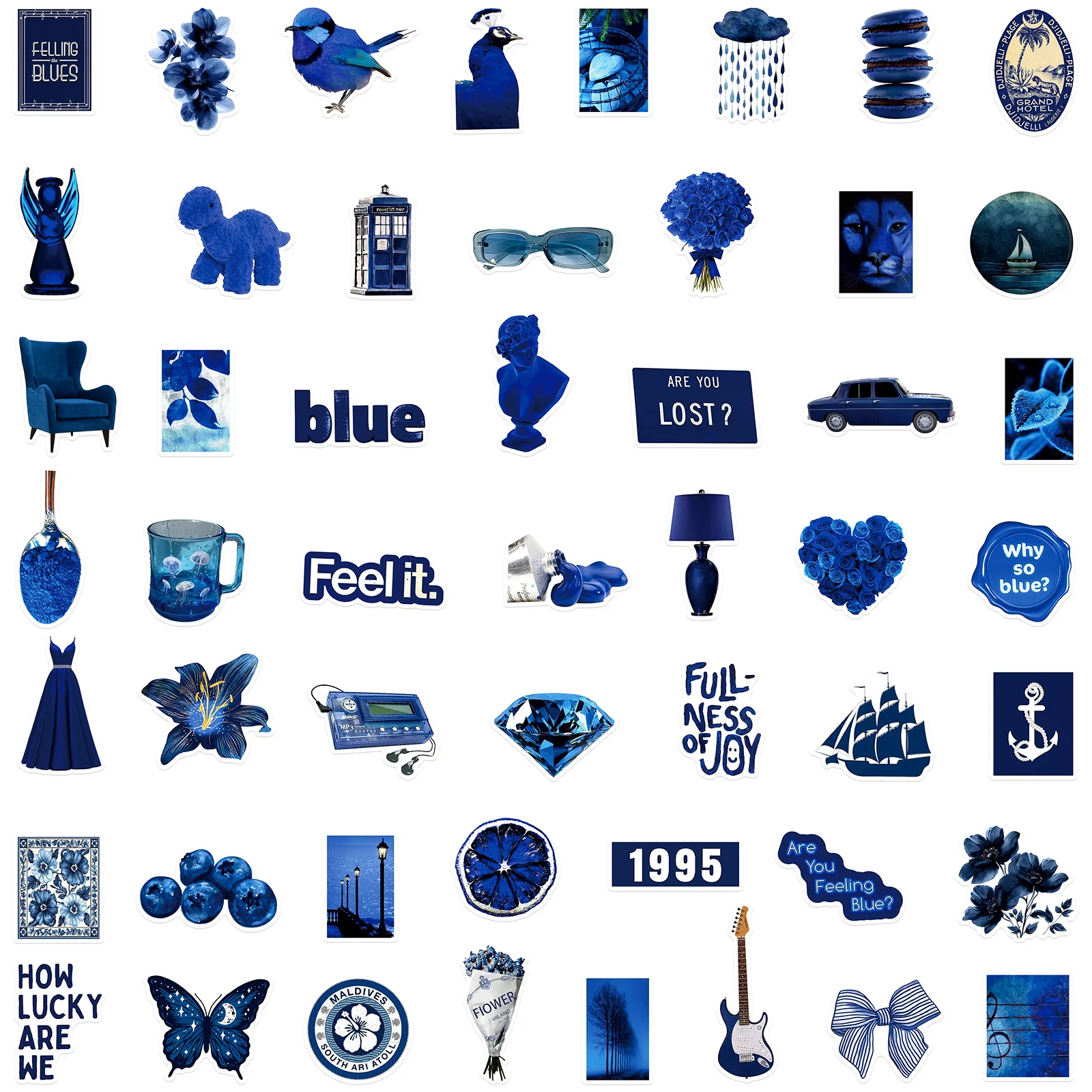 50PCS Blue INS Style Literary Graffiti Sticker DIY Decorative Mobile Phone Case Notebook Water Cup Toy Gift Sticker