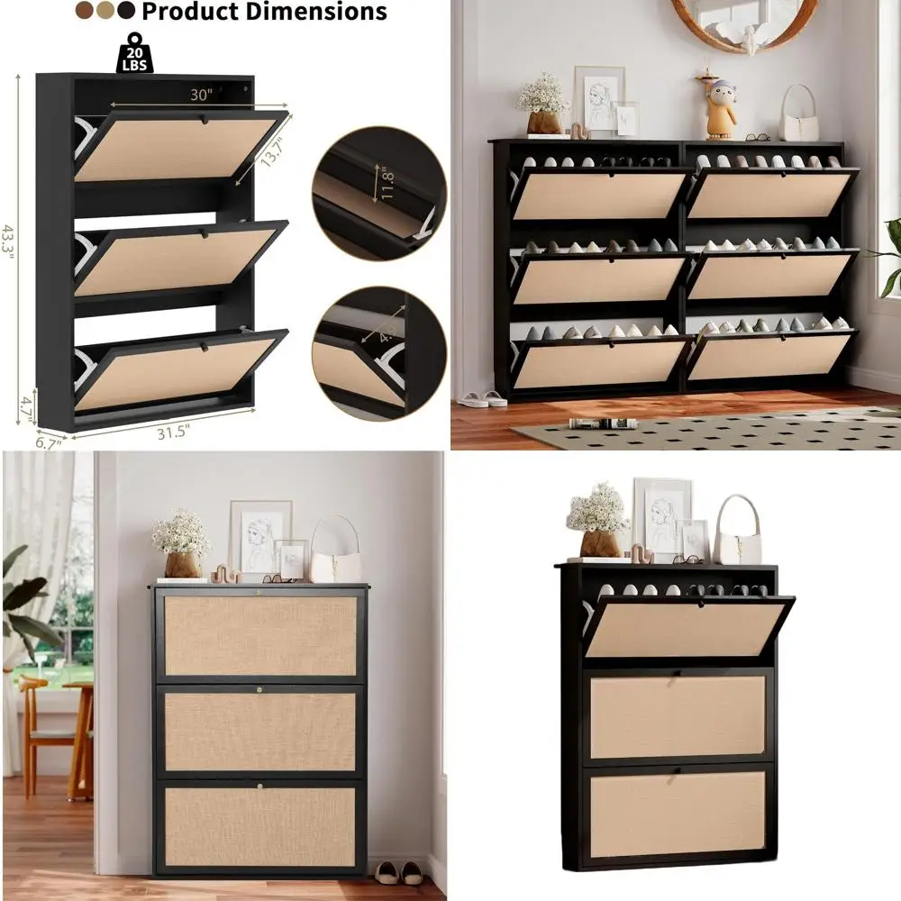 

Slim Natural Linen Shoe Storage Cabinet for Entryway or Living Room, 3-Tier Wood Organizer Rack in Black