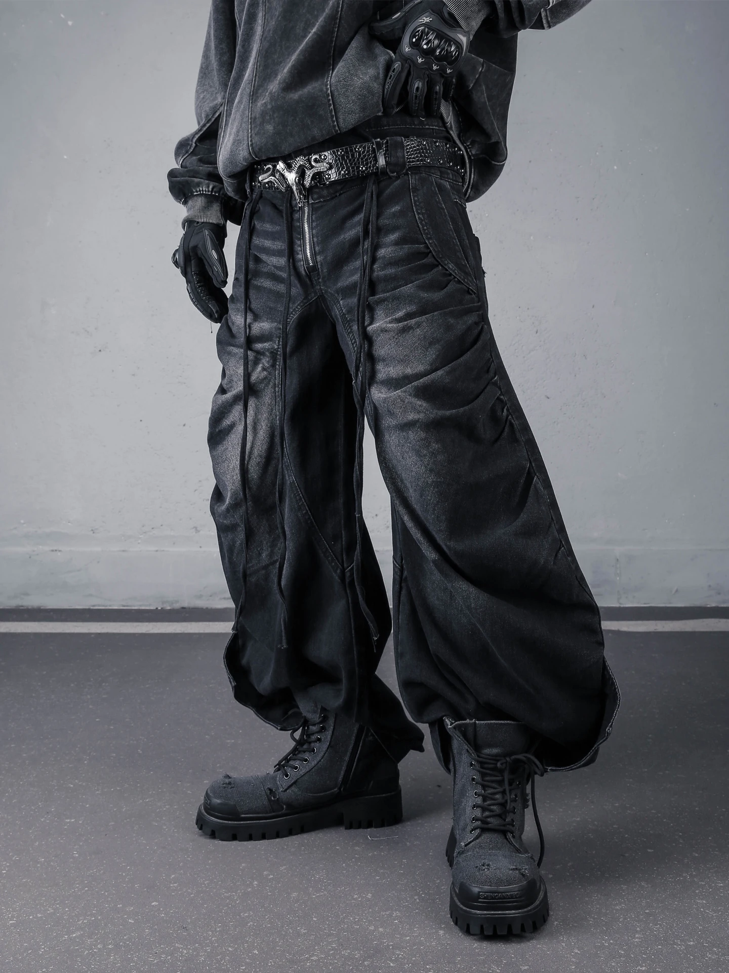 Aged Cropped Wide Leg Jeans Loose Street Y2K Abi Long Pants Double Waist Design Desert Wasteland Style Men's Casual Jeans