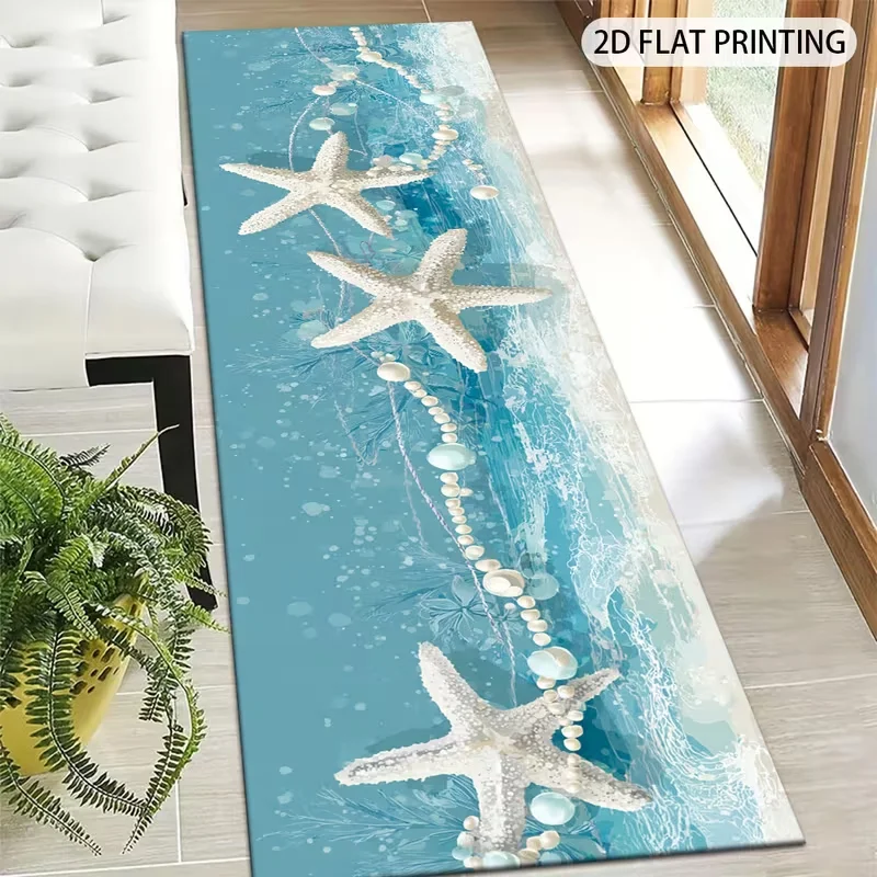 Seashell Starfish Seahorse Runner Rug Ocean Wave Printed Long Floor Mat for Hallway Kitchen Entryway Aisle Decor Carpet
