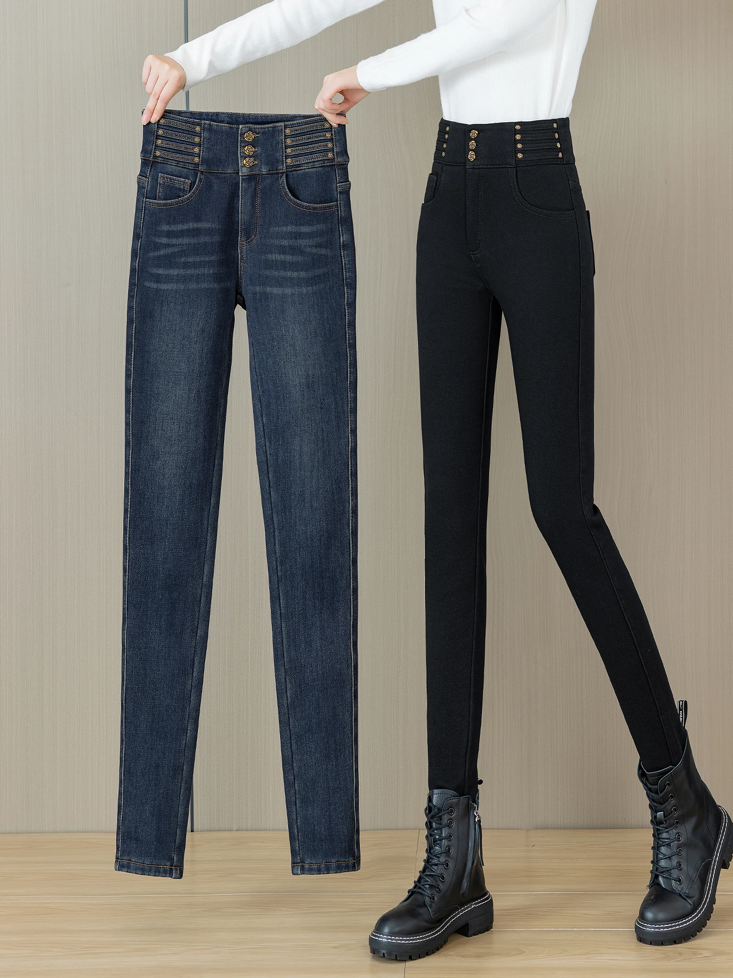 

Fleece Lined Thickened High Waist Slim Fit Denim Pants Women's Autumn Winter New Style Outerwear High Elasticity Pencil Jeans