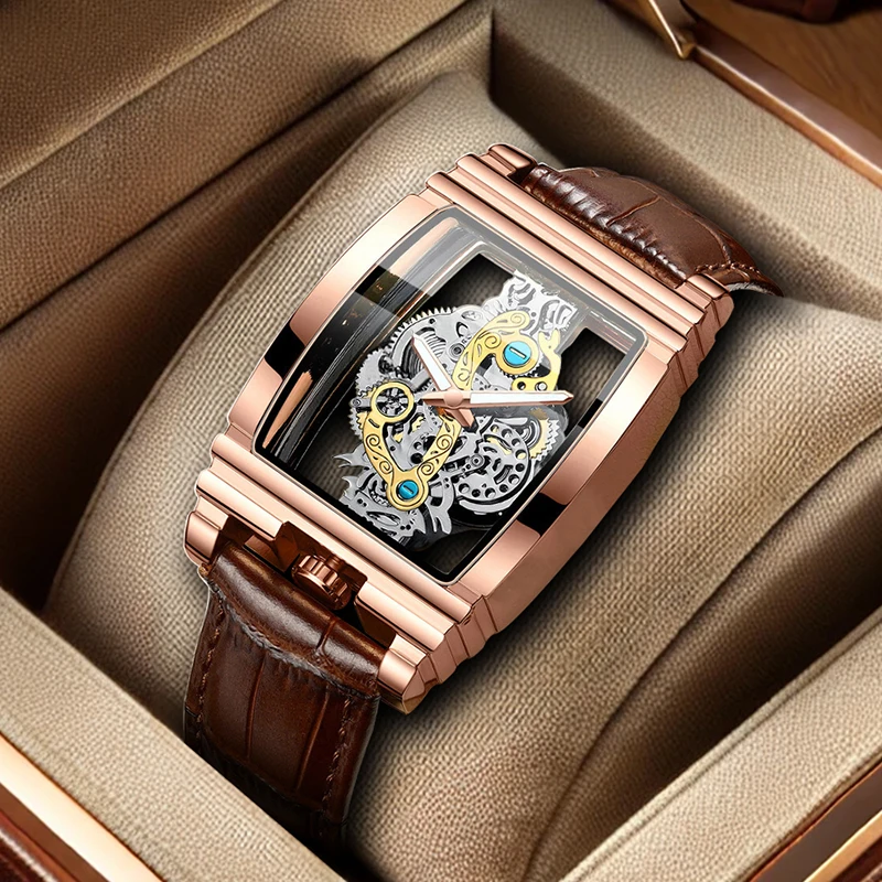 

Мужские повседневные кварцевые часы в деловом стиле джентльмена с высококачественным полым корпусом из искусственной кожи розового золота и коричневого цвета.
