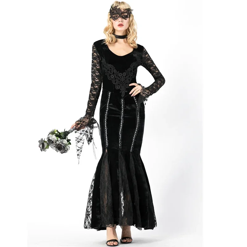 Black Velet Halloween Lace Sexy Vampire Costume Women Masquerade Party Cosplay Vampire Queen Role Play Swallowtailed Dress