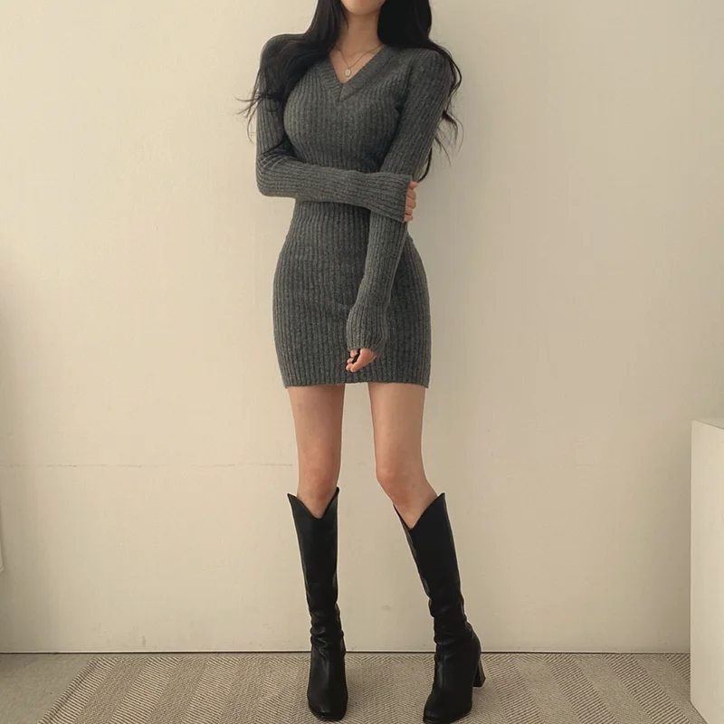 Knitting Dresses Women Korean Style Tender Slouchy Long Sleeve Sweet Elegant Autumn V-neck Fashion Casual Mujer Stretchy Vestido