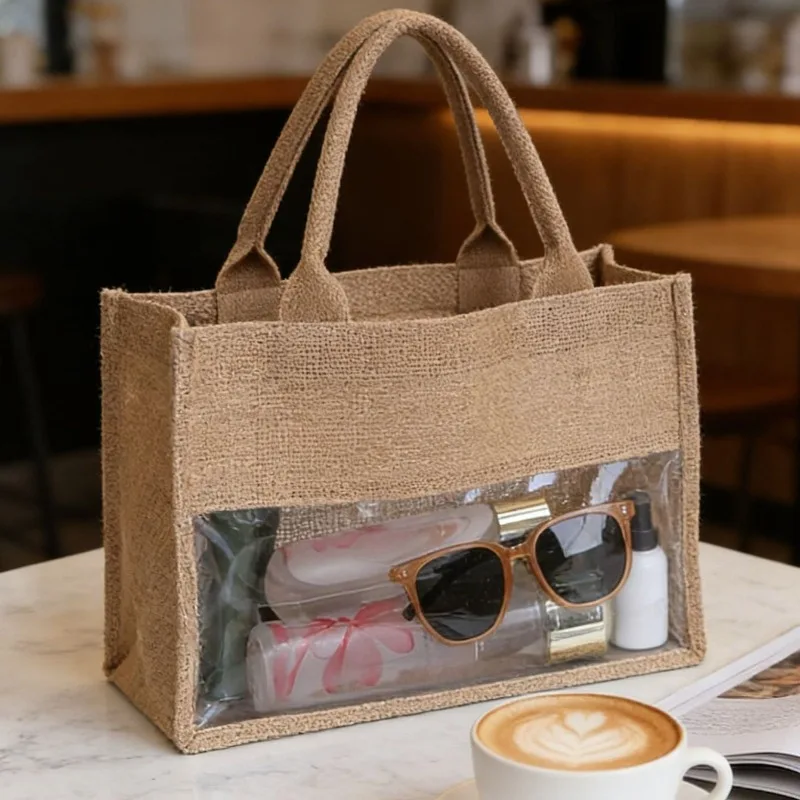 

Jute PVC Splicing Handbag, Coarse Hemp Film-covered Tote Bag, Waterproof Inner Linen Bag.