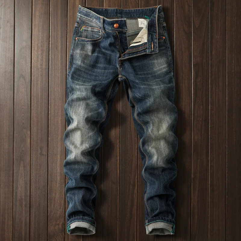 

Men's American Retro Whiskering Jeans Spring Autumn Casual Slim Fit Stretch Fashion All-match High-End Denim Pants