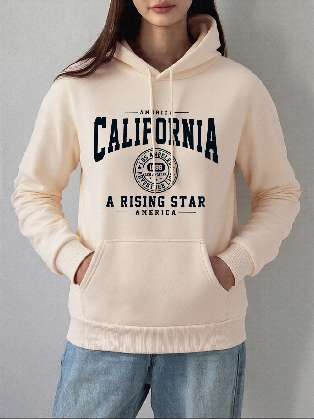 America California Printing Hoodies Women Autumn Fleece Warm Pullover Basics Pocket Sweatshirt Comfortable Loose Womans Clothes