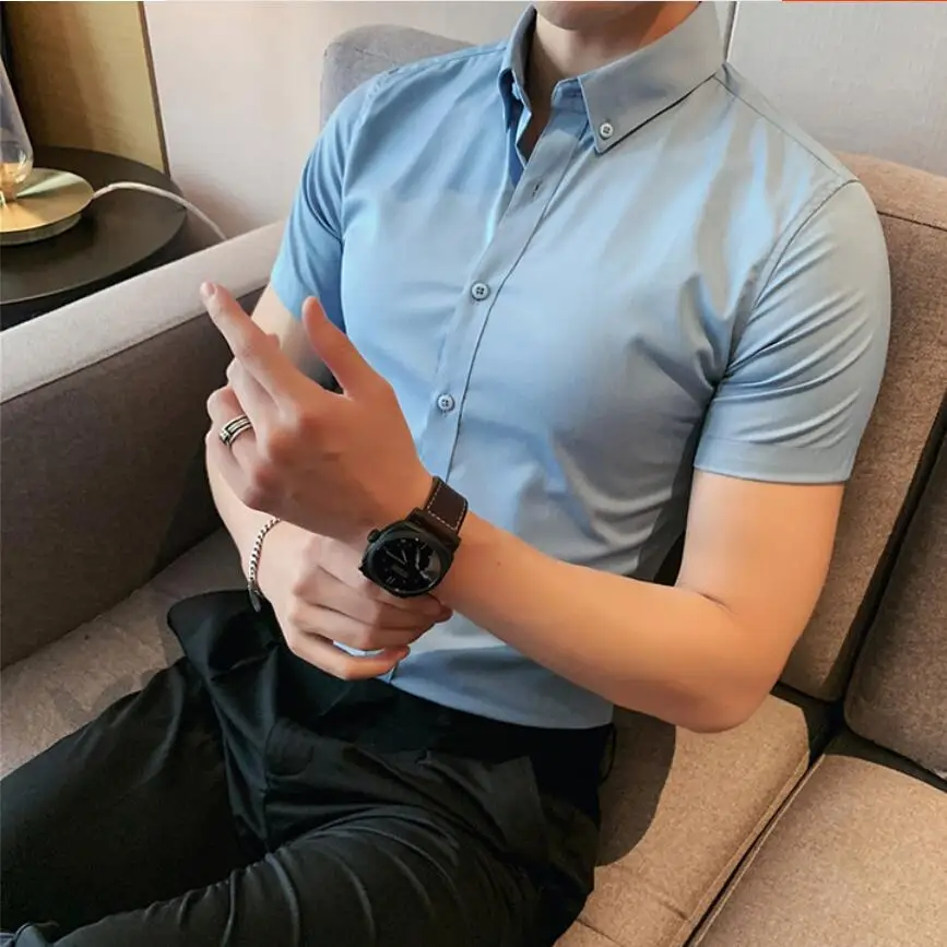 2023 Brand clothing Men\'s high-grade pure cotton short sleeve shirts/Male slim lapel Business shirt White blue Plus size S-5XL