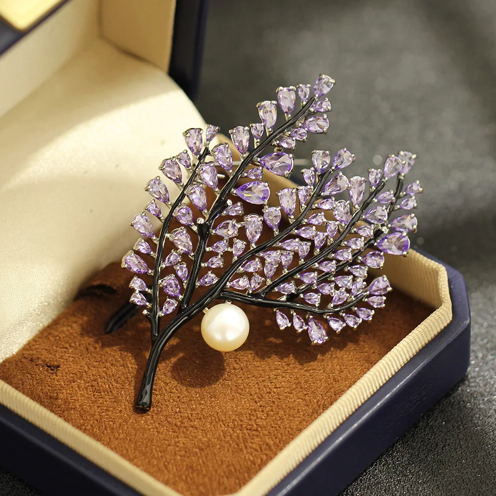 Light Luxury Purple Zircon Tree Branch Pearl Brooch Retro Plant-based Jewelry Coat Suit Decoration Accessories Pin for Women view 4