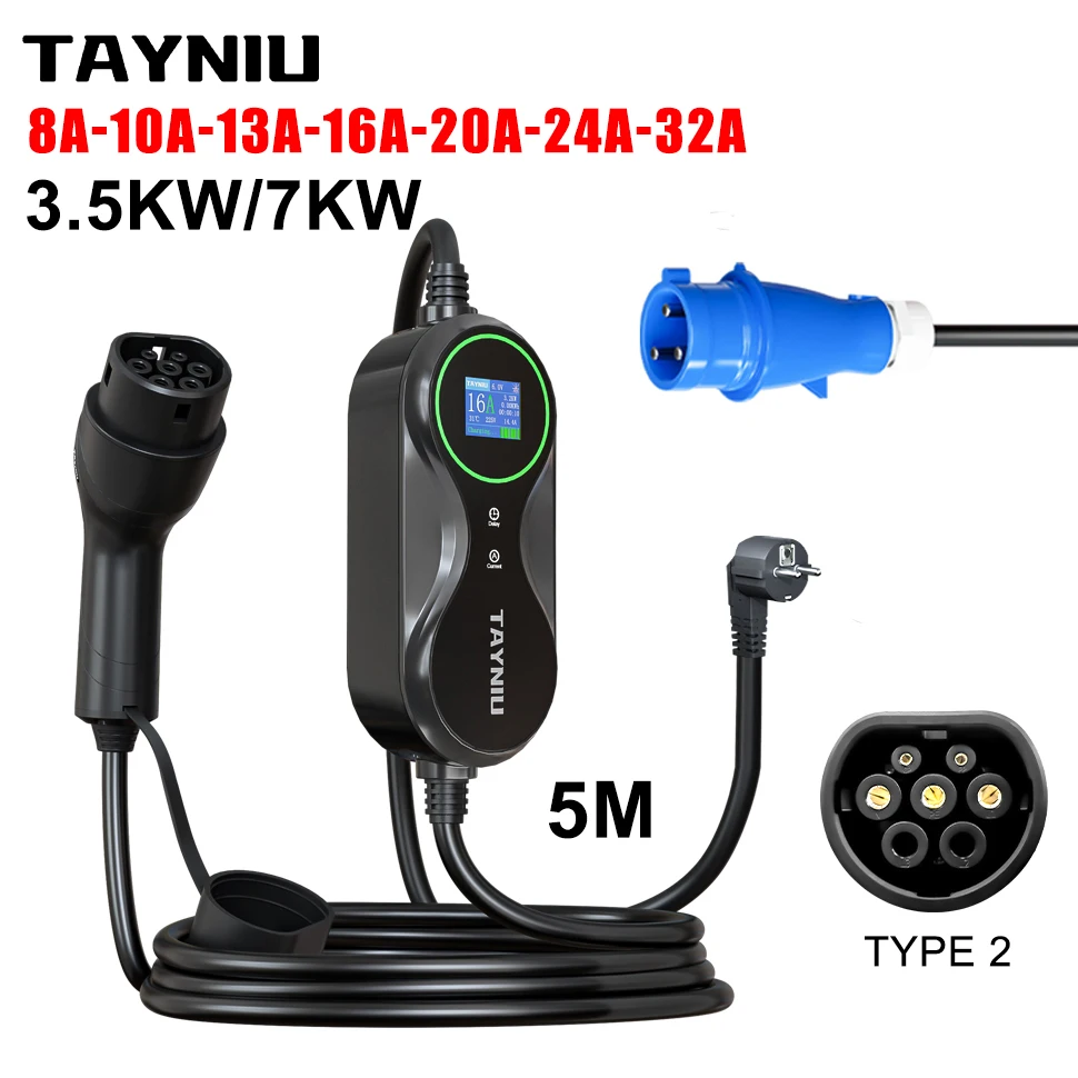 TAYNIU Infinity Electric Car Charger 32Amp 16Amp  7KW 3.5KW 80V-260V 5M Cable TYPE 2 Portable EVSE EV Car Charging Station