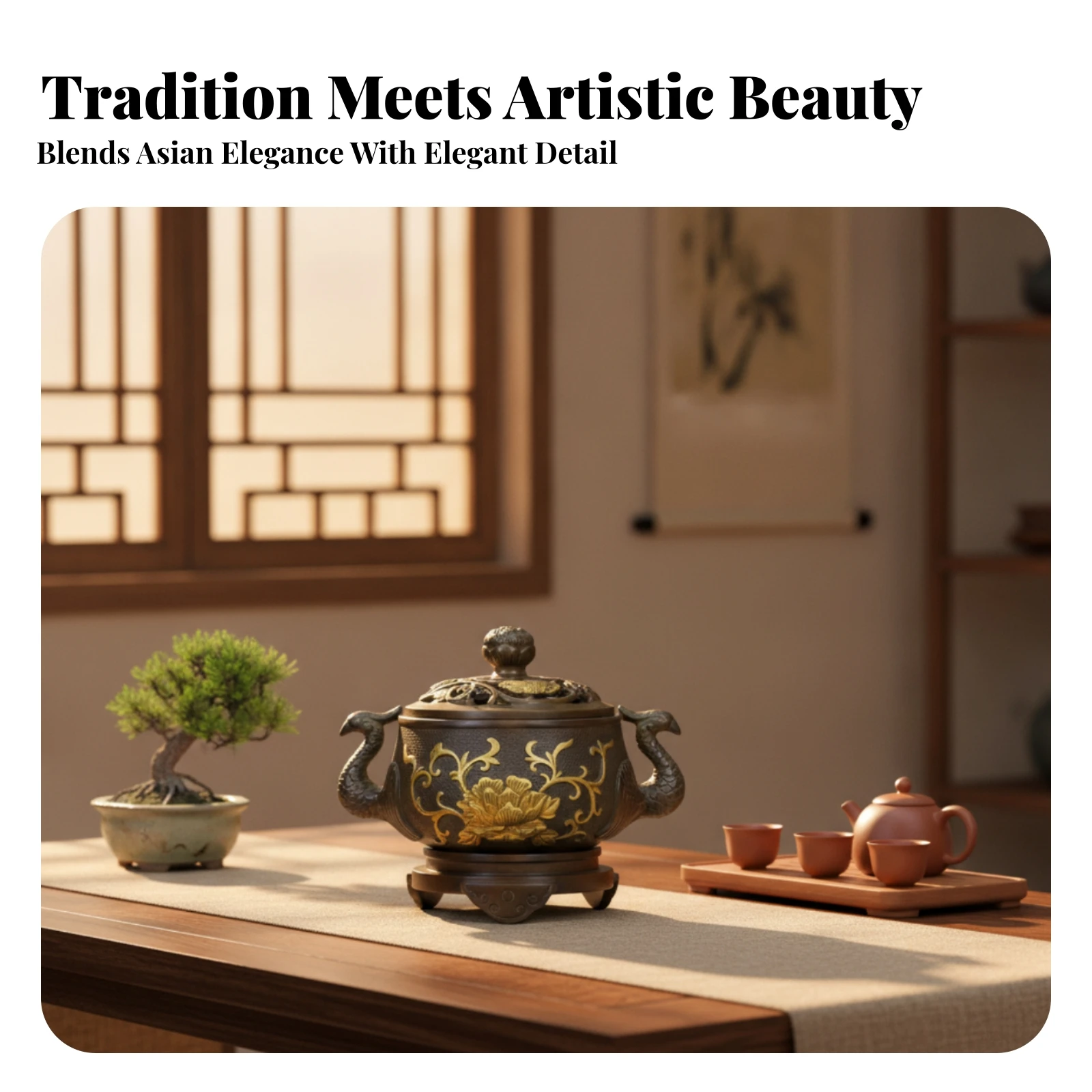 Lidded Copper Incense Burner Embossed Floral Gold-Tone Side Handles Home Decor Phoenix Incense Burner