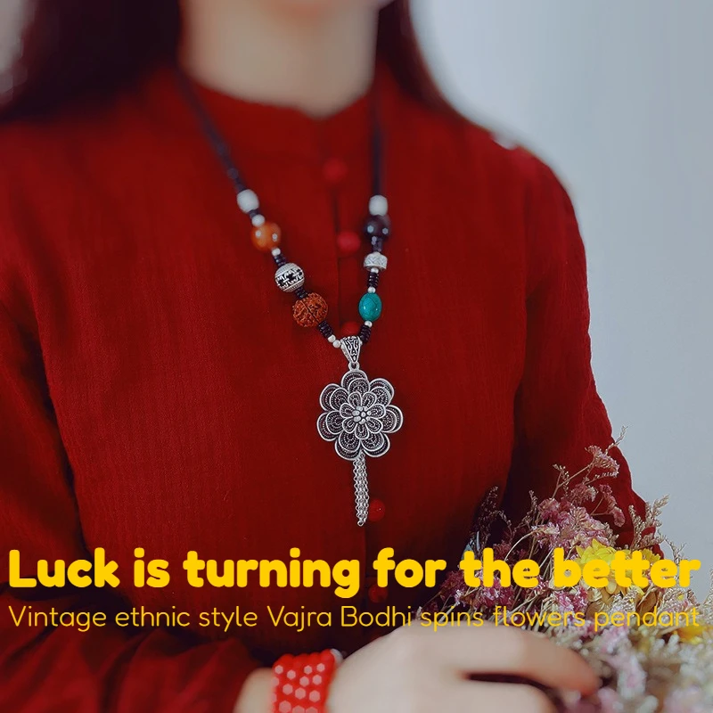 Ethnic Vajra Bodhi Spins Flowers Pendant Men's and Women's Necklace Amulet Sweater Chain Luck Is Turning for The Better Jewelry