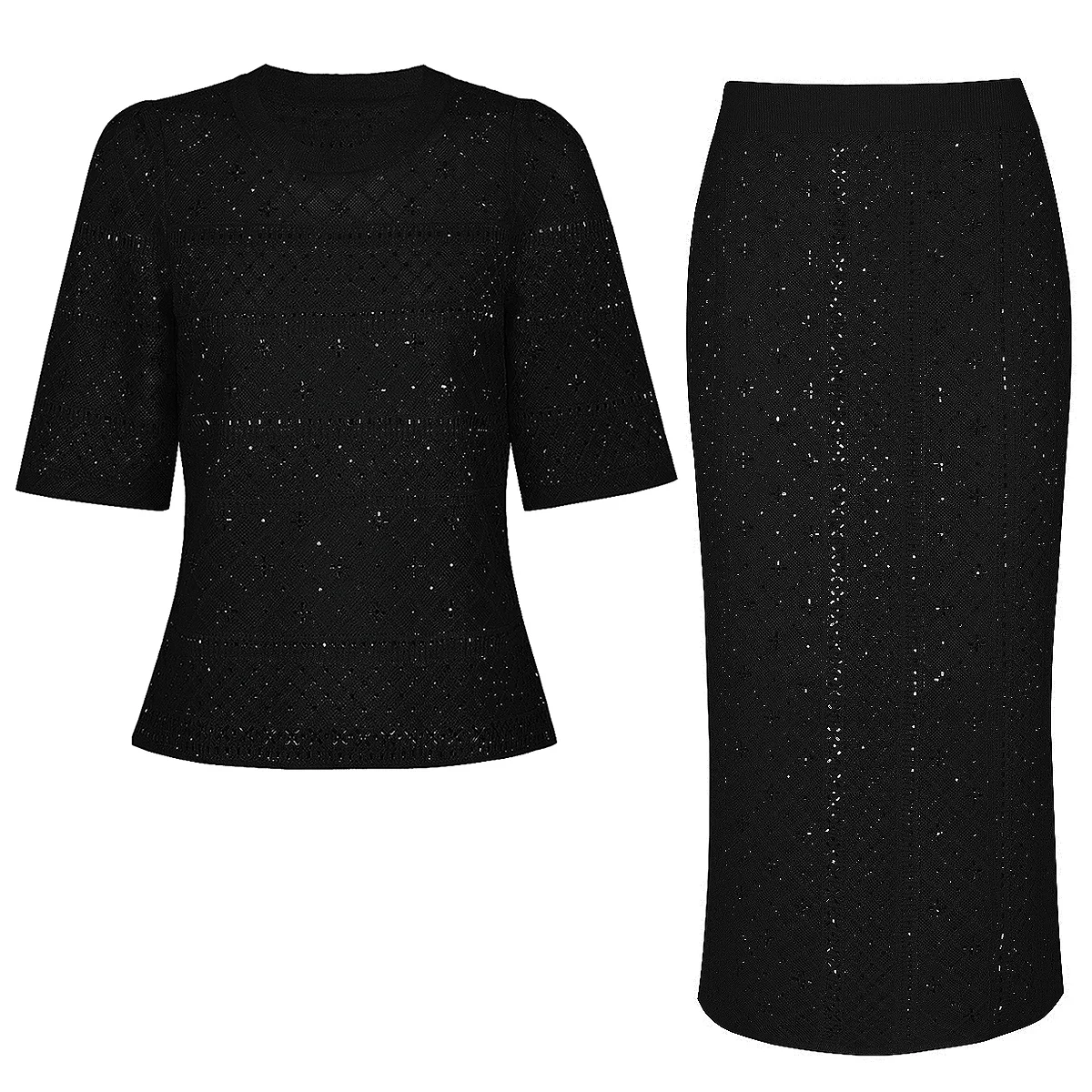 Women Hot Diamond Knit Short Sleeve Top and Skirt Set Summer New Hollow Out Commuter Suit