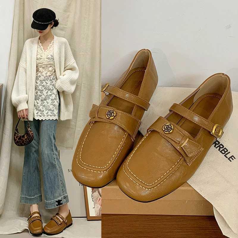 Women Square Toe Mary Jane Flats Metal Rose Buckle Strap Soft Leather Retro Casual Shoes Multicolor Office Daily Footwear
