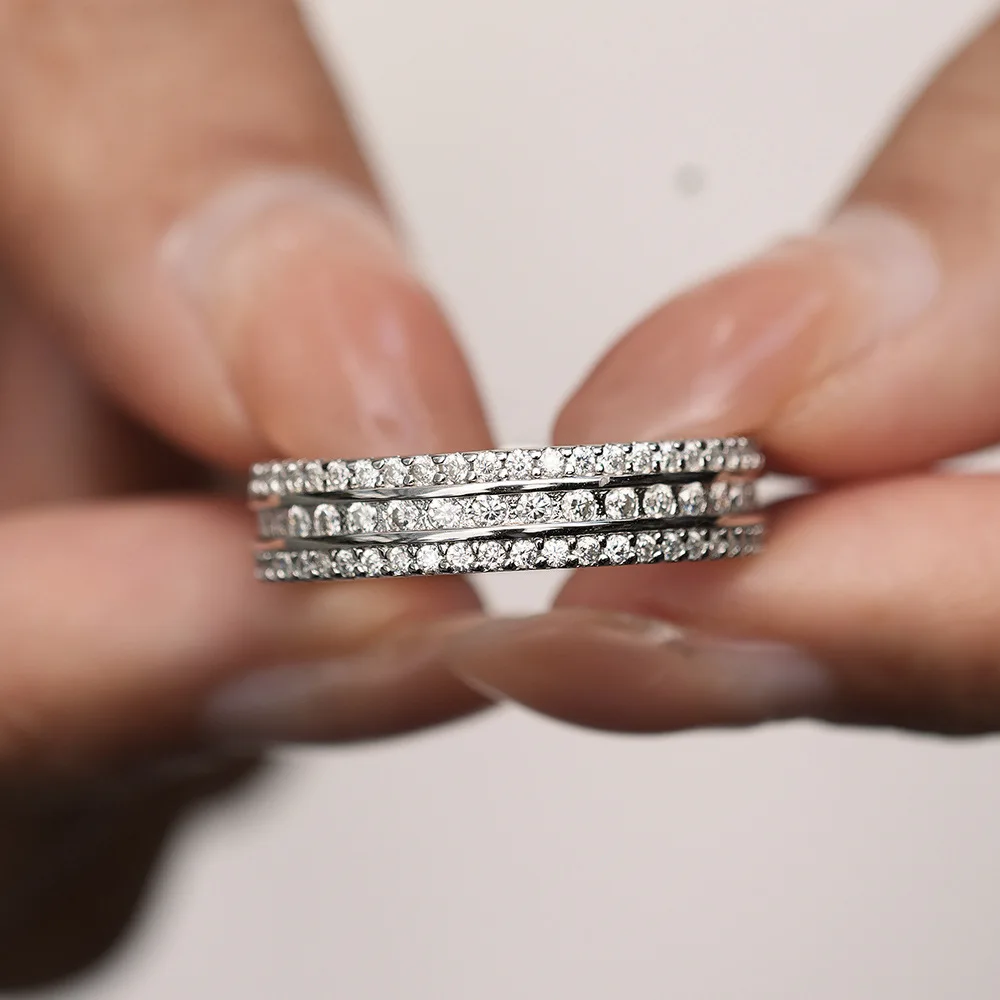 Serenity 3 Row All D Moissanite Row Rings for Women Men 925 Sterling Silver Sparkling Eternity Rings Girl Gift Jewelry Wholesale